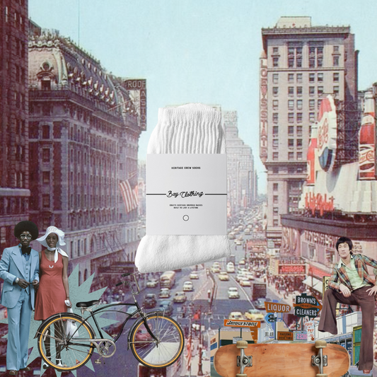 Men’s white heritage crew socks from Bay Clothing displayed in vintage city collage with retro streetwear aesthetic