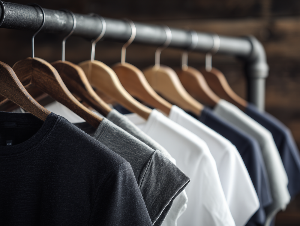 Assorted Bay Clothing men’s t-shirts in black, gray, white, and navy hanging on wooden hangers