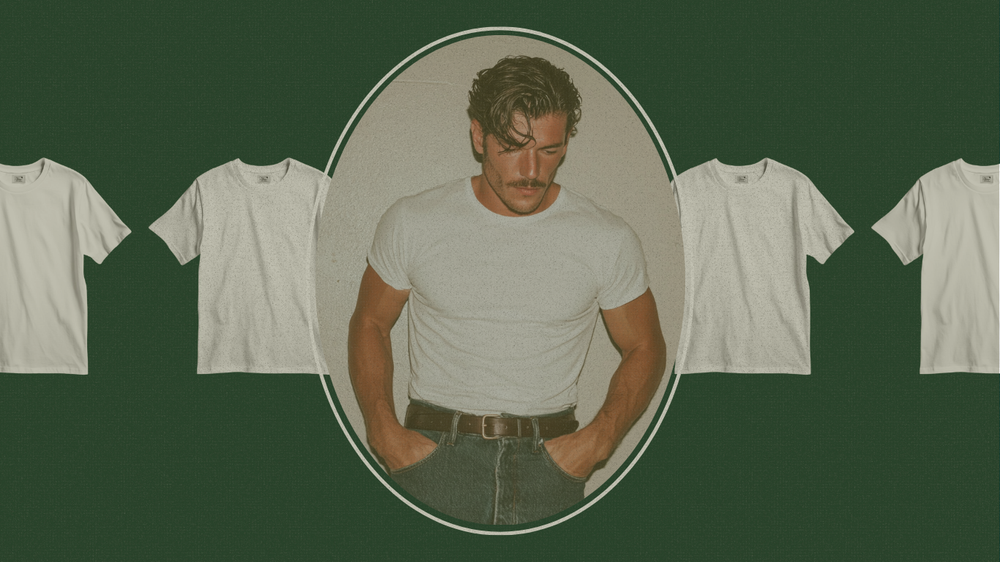 Man in Bay Clothing white T-shirt styled in vintage heritage fashion against dark green background with timeless appeal