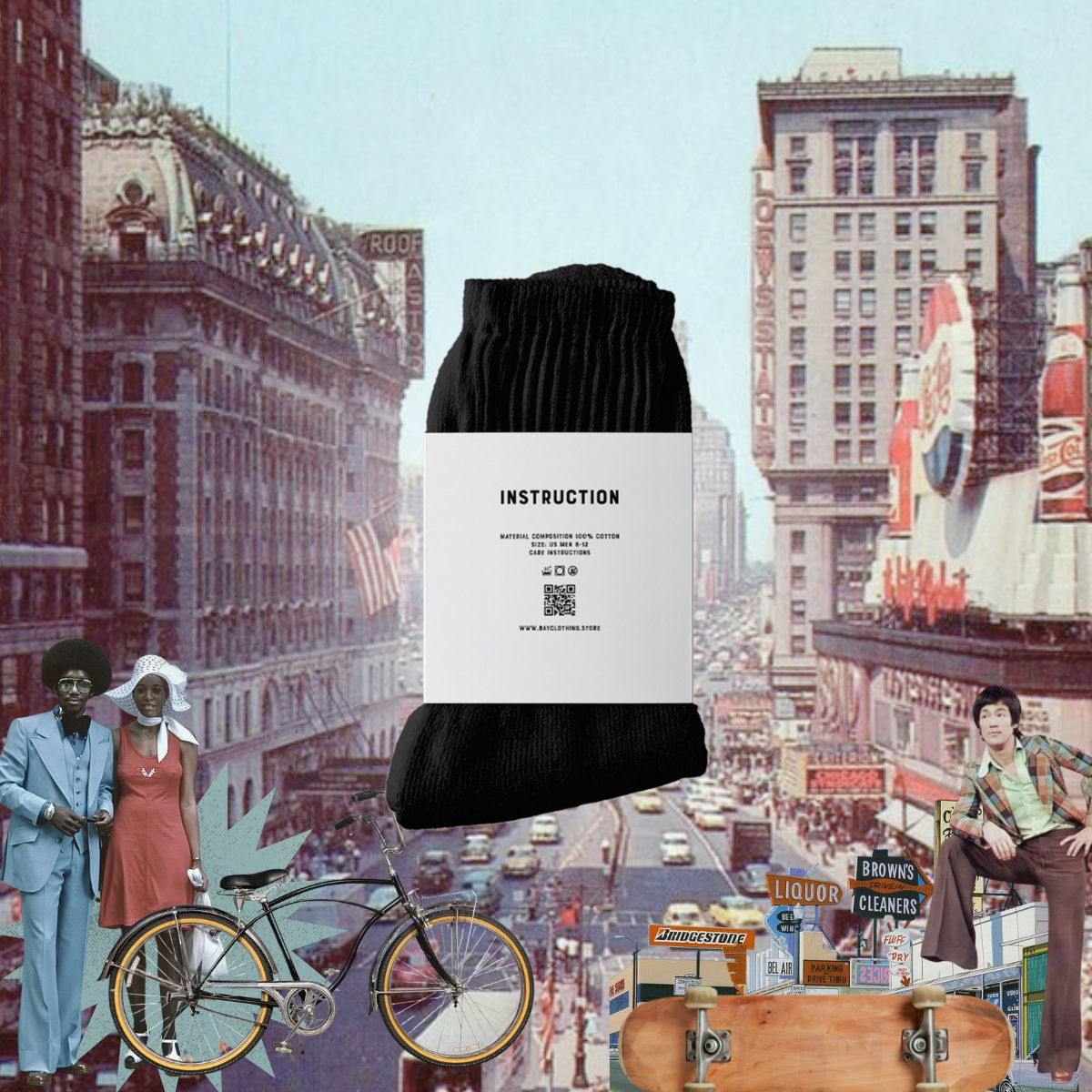 Men’s black crew socks with instruction label displayed in vintage city collage with streetwear-inspired heritage aesthetic