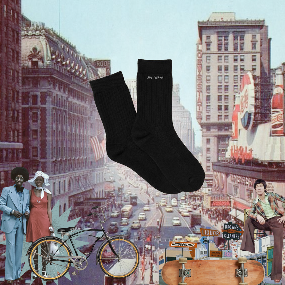 Men’s black crew socks from Bay Clothing shown in vintage city collage with urban streetwear heritage vibe