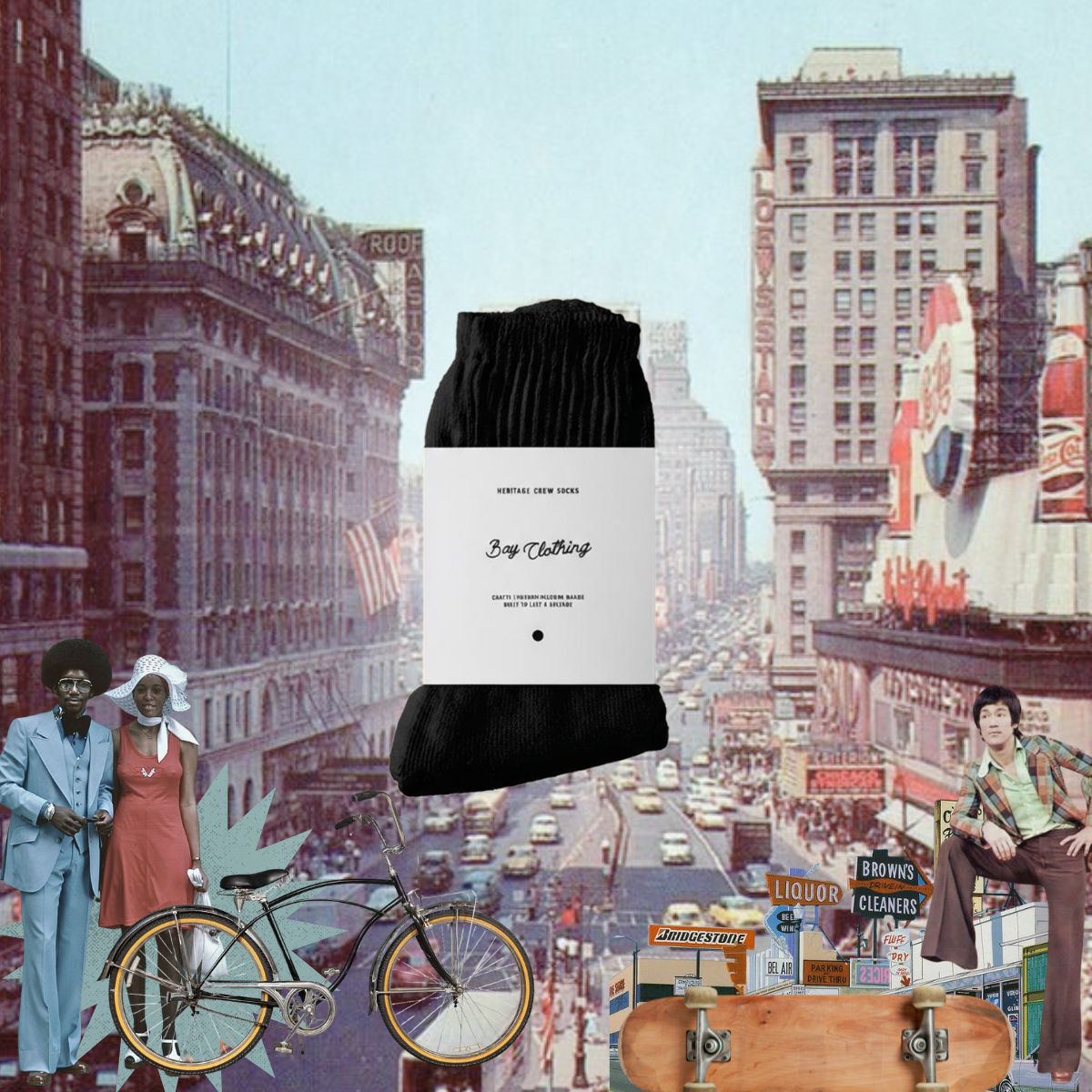 Men’s black heritage crew socks from Bay Clothing displayed in vintage city collage with classic streetwear influence