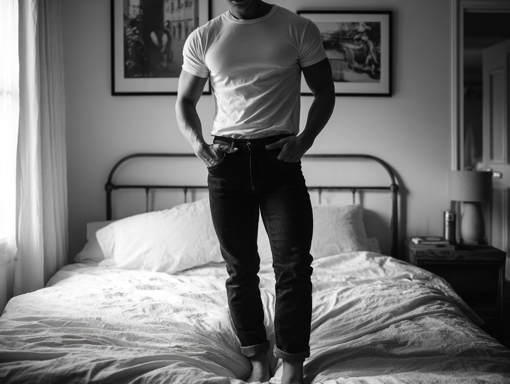 Man wearing classic white vintage undershirt with rolled denim jeans standing in minimal bedroom