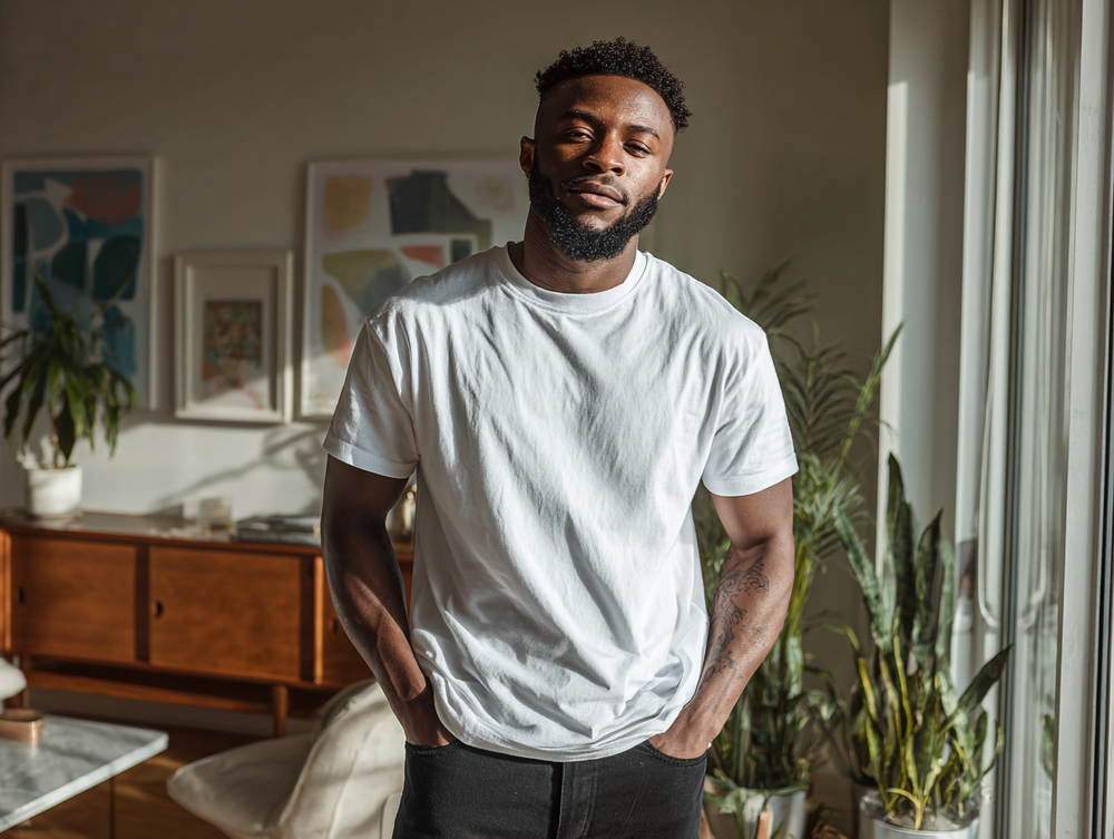 Man wearing white cotton T-shirt with black jeans in a bright living room with mid-century furniture and plants, heritage casual style