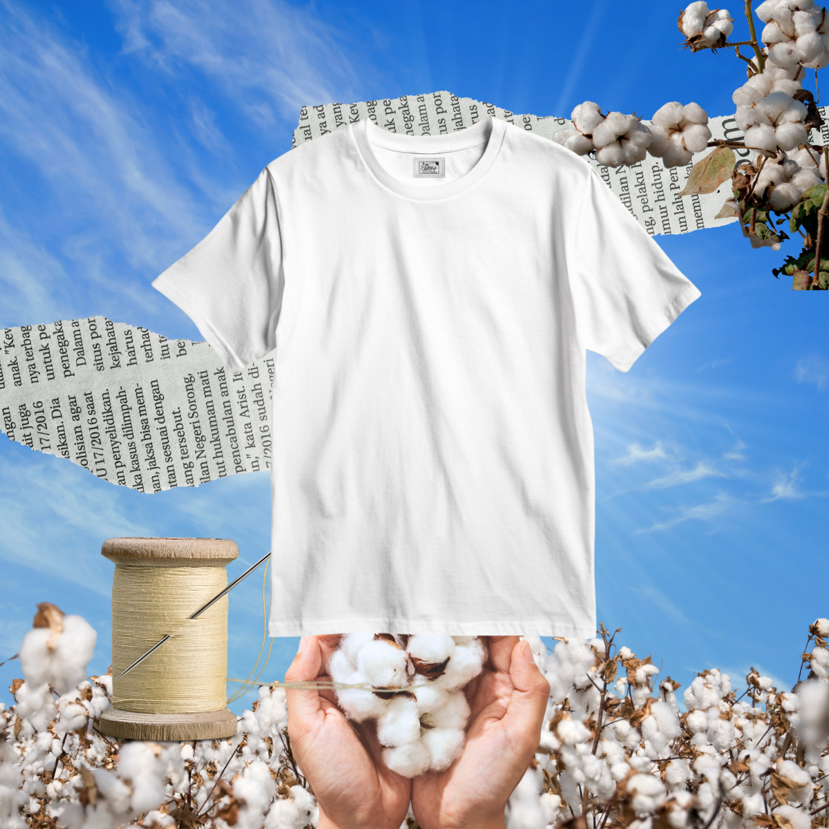 Men’s white cotton T-shirt from Bay Clothing displayed with cotton plants and thread spool symbolizing organic fabric and craftsmanship