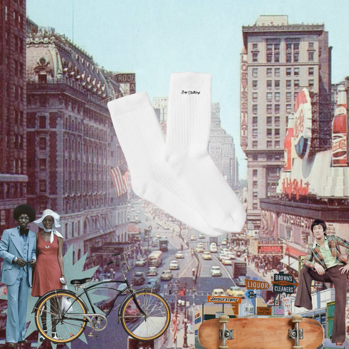 Men’s white crew socks from Bay Clothing displayed in vintage city collage with streetwear culture theme
