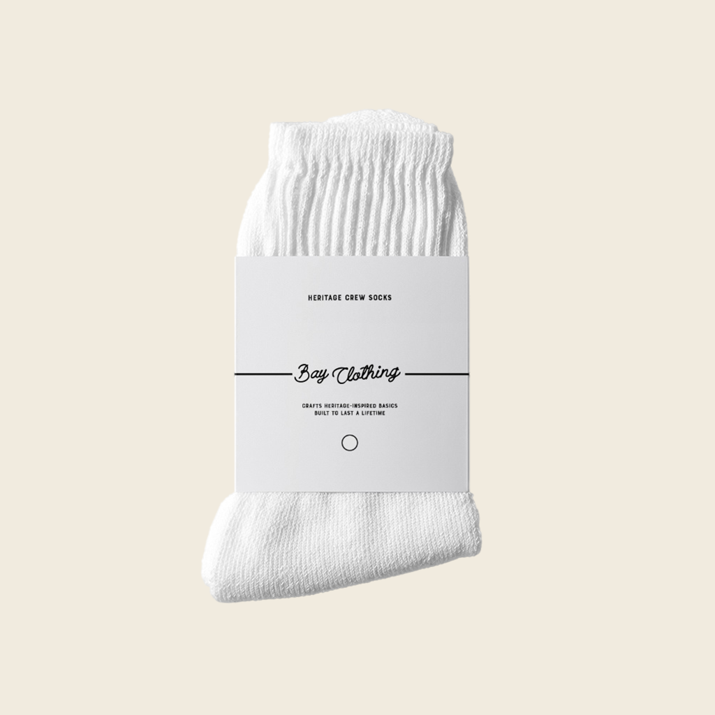 Men’s white heritage crew socks from Bay Clothing made with premium cotton blend for comfort and durability