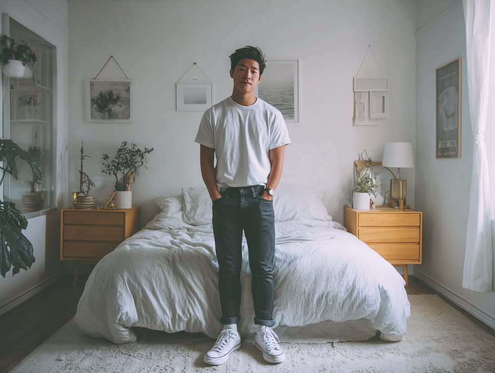 Man wearing white vintage-style T-shirt with denim jeans in a minimalist bedroom setting, casual heritage outfit inspiration