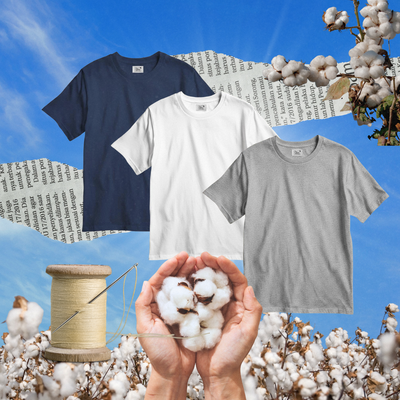 Vintage men’s cotton T-shirts in white, navy, and gray displayed with cotton plants and thread spool background