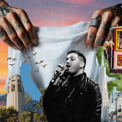 Man in vintage black leather jacket performing on stage with San Francisco skyline collage background