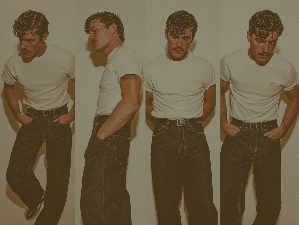 Men’s vintage white cotton T-shirt by Bay Clothing styled with dark denim jeans in 1950s-inspired lookbook series