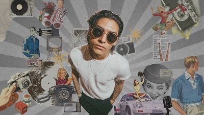 Man wearing vintage white T-shirt with1950s heritage collage background and creative aesthetic