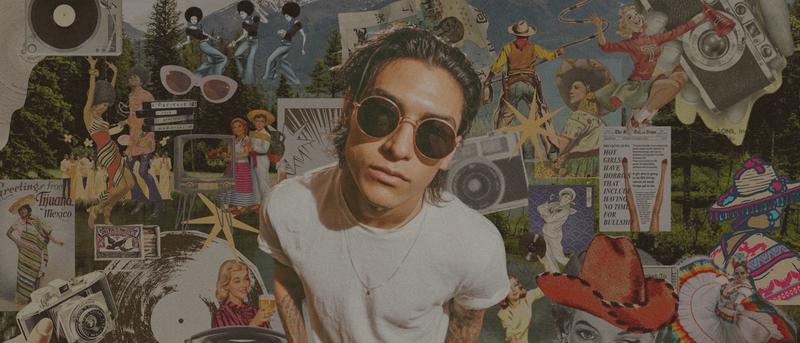 Men’s white T-shirt styled with round sunglasses, heritage collage background inspired by Mexican and American vintage culture